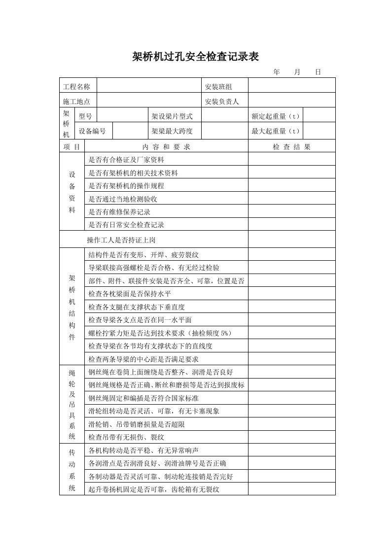 架桥机过孔安全检查记录表