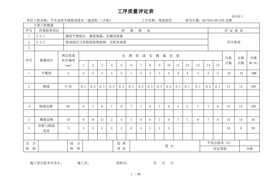 工序质量评定表泽平路