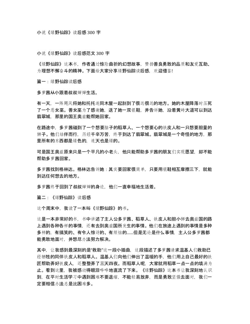 小说绿野仙踪读后感300字