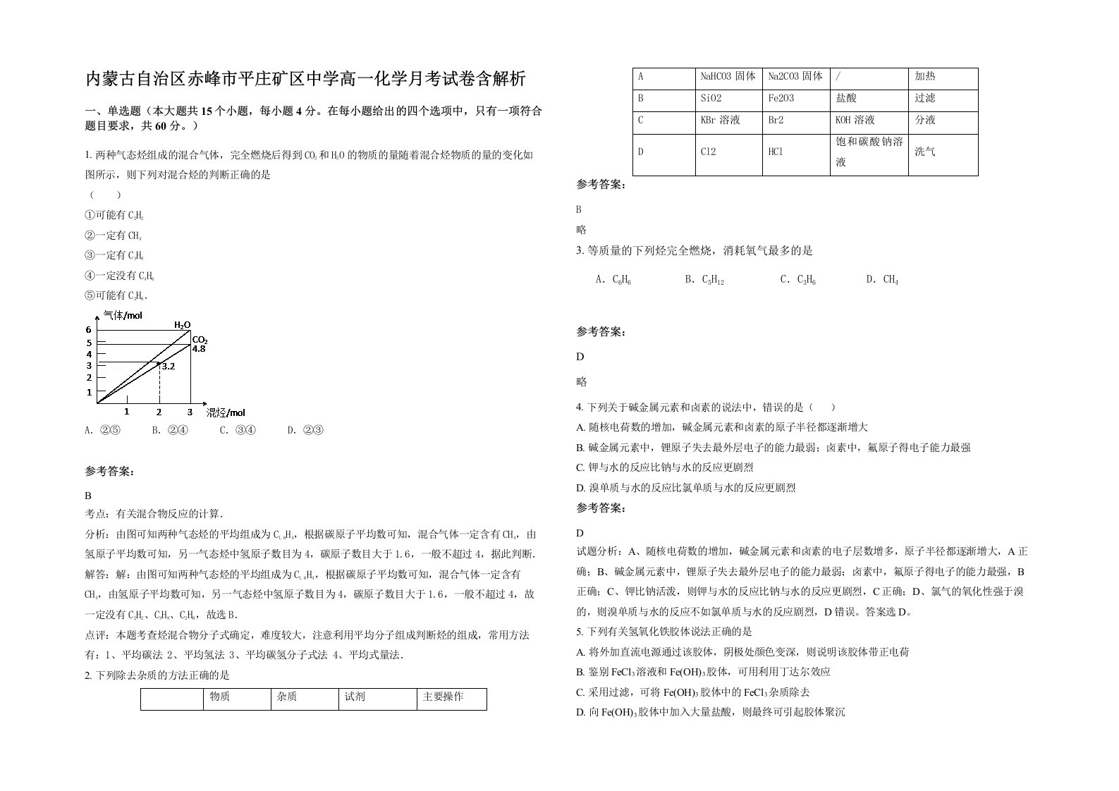 内蒙古自治区赤峰市平庄矿区中学高一化学月考试卷含解析