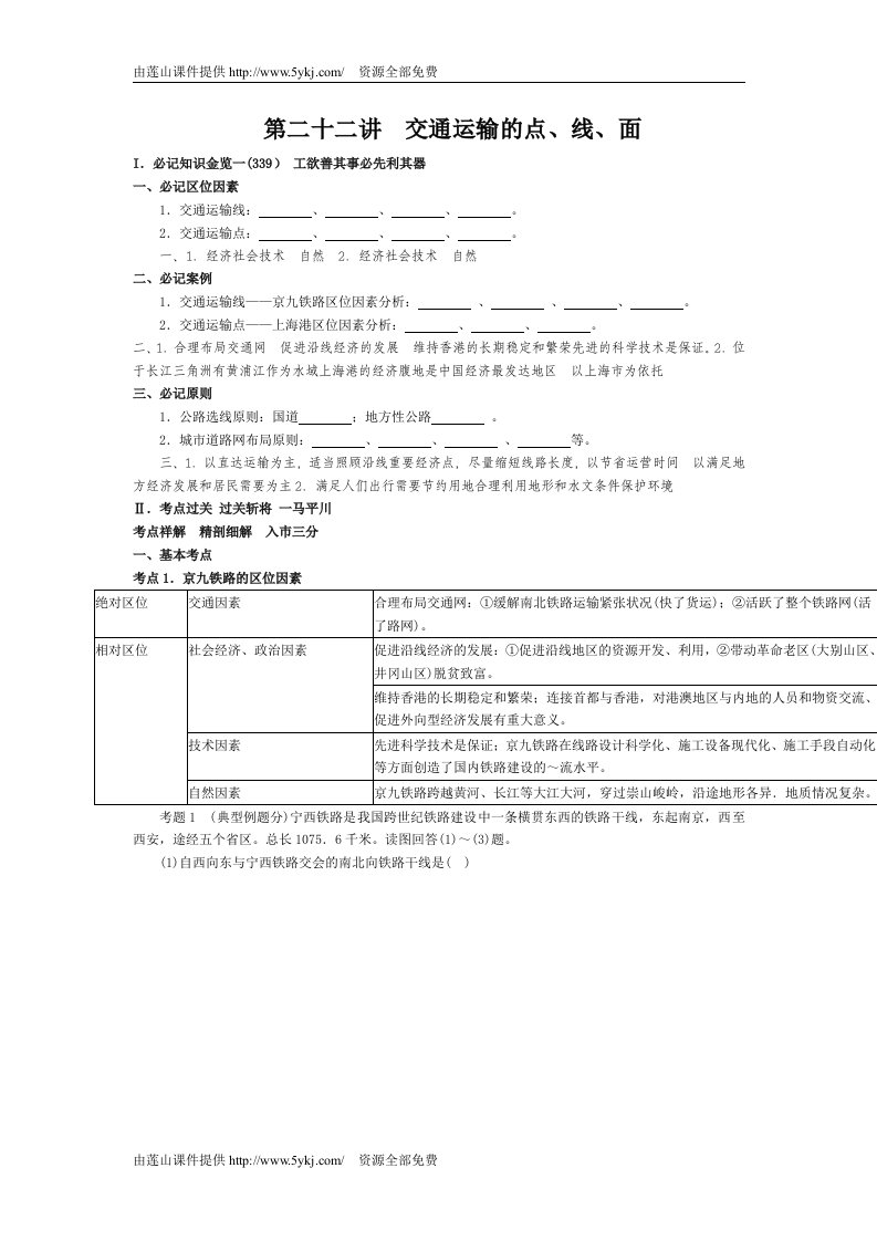 高考地理交通运输的点、线、面知识点精析精练预测试题