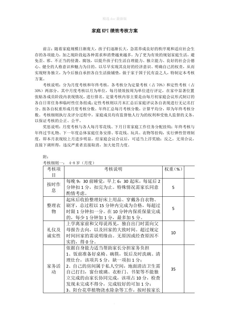 家庭KPI绩效考核方案