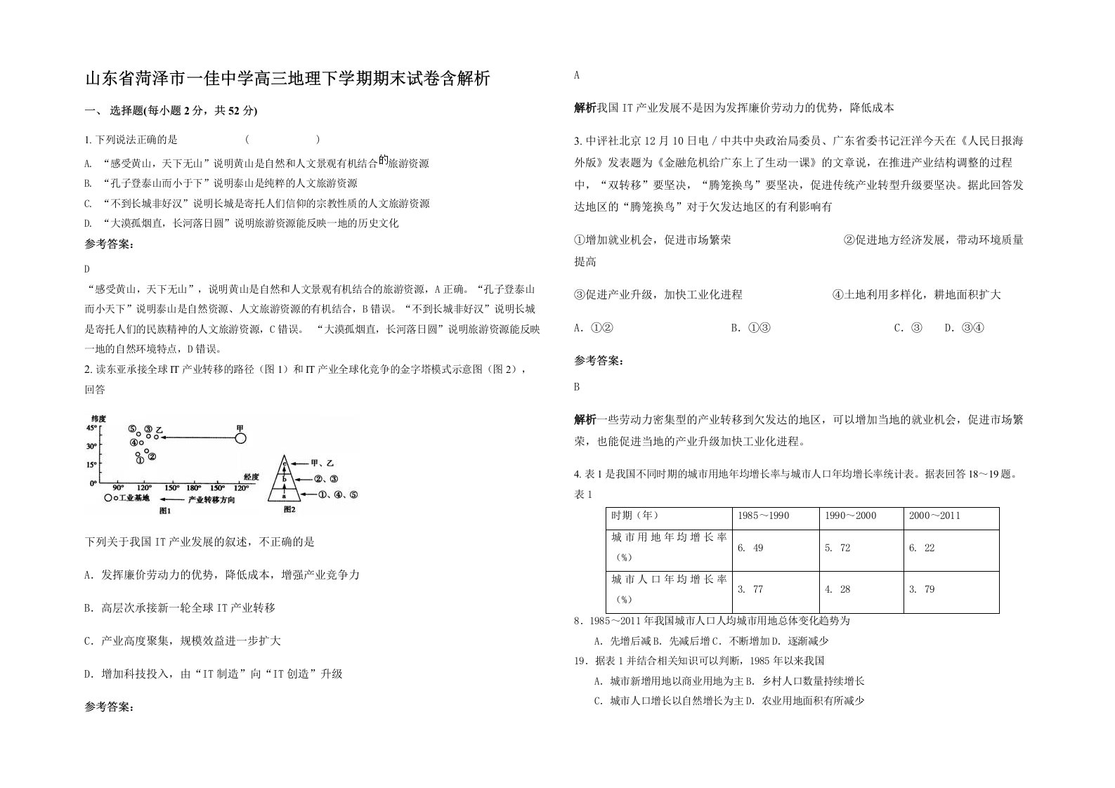 山东省菏泽市一佳中学高三地理下学期期末试卷含解析