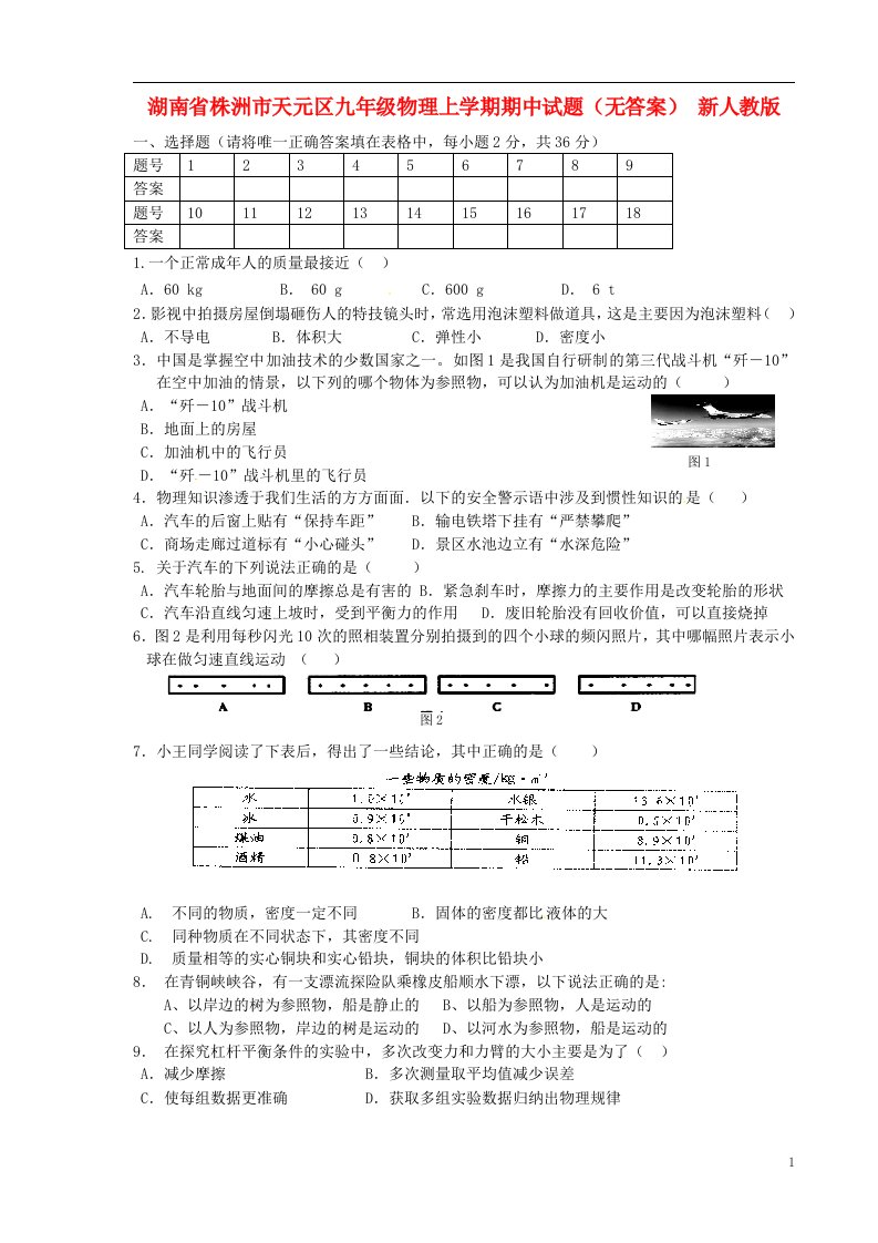 湖南省株洲市天元区九级物理上学期期中试题（无答案）