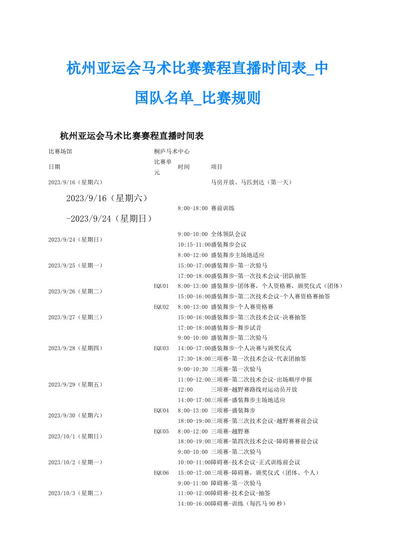 杭州亚运会马术比赛赛程直播时间表_中国队名单_比赛规则