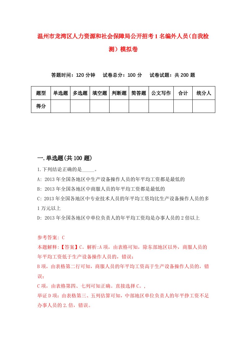 温州市龙湾区人力资源和社会保障局公开招考1名编外人员自我检测模拟卷第7版