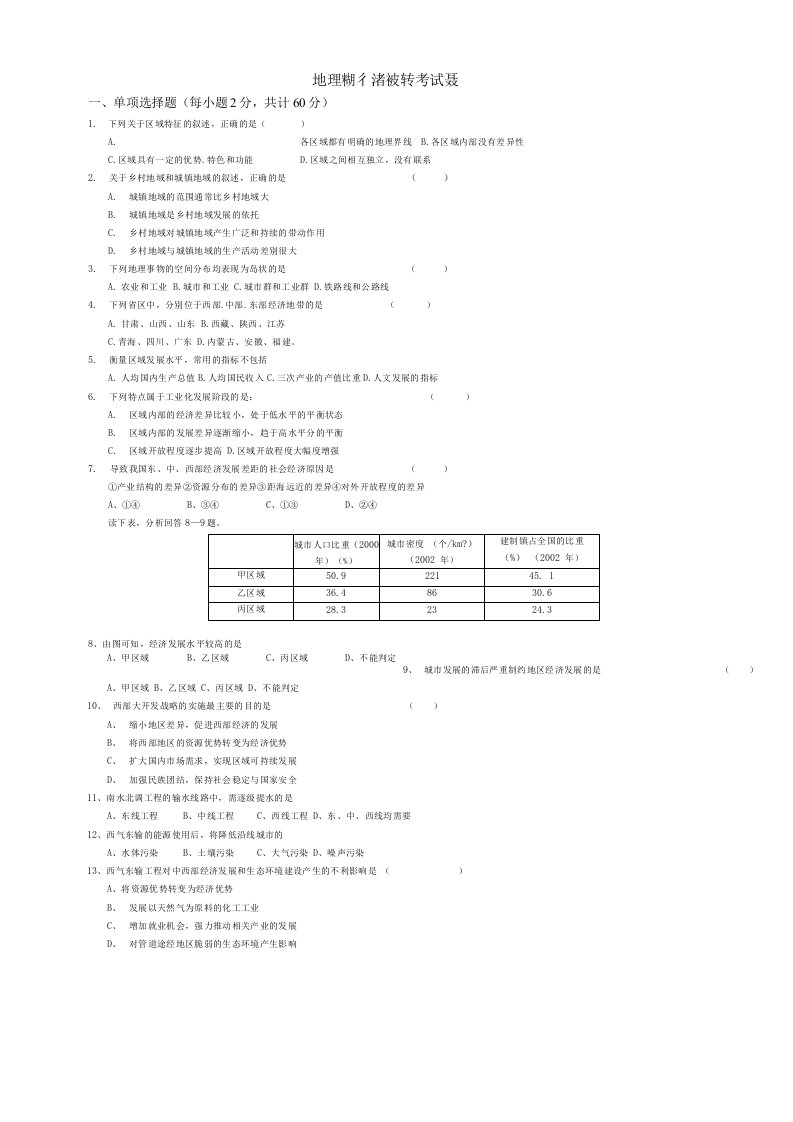 高二地理考试补考试卷