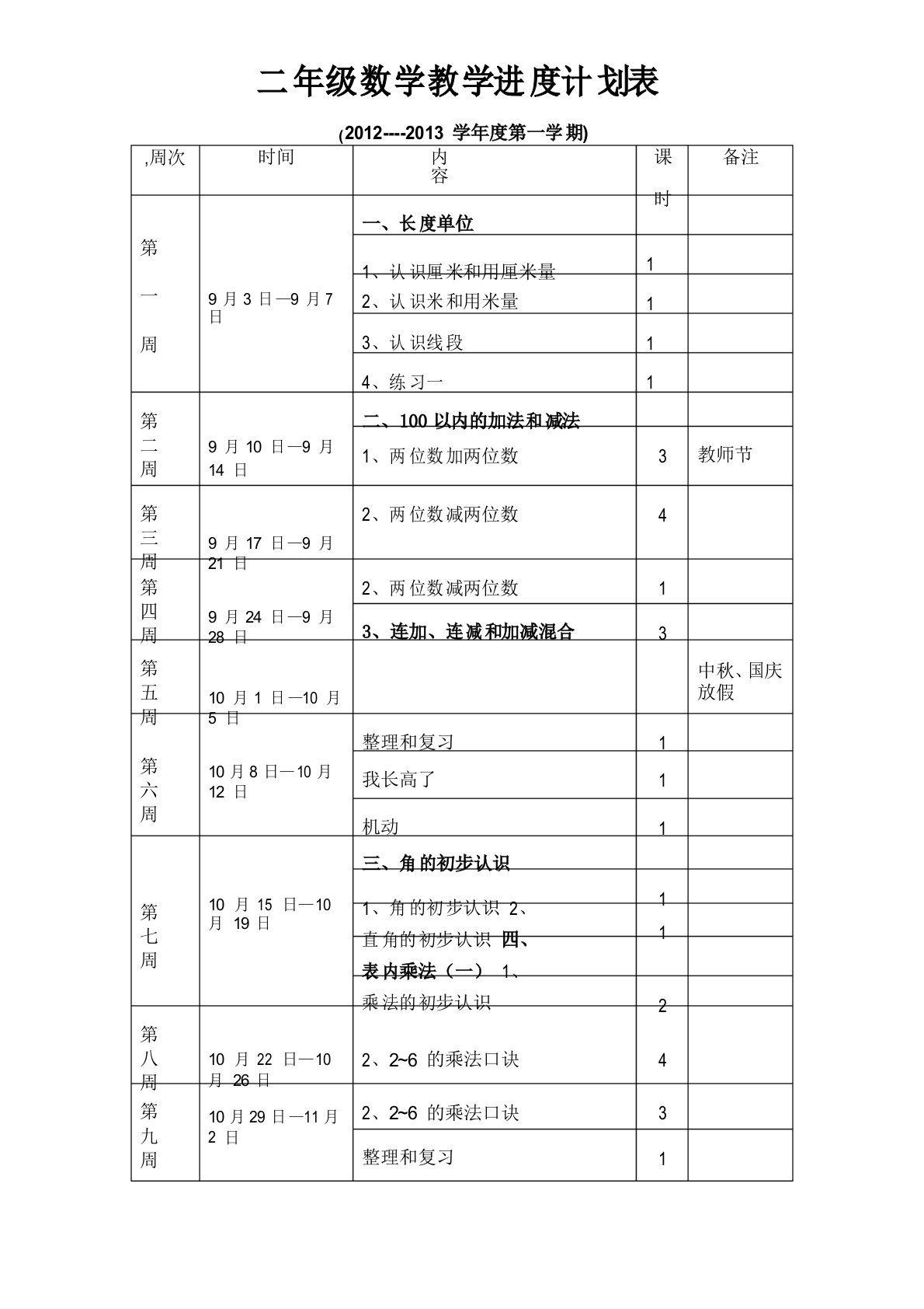 二年级上册数学教学进度计划表