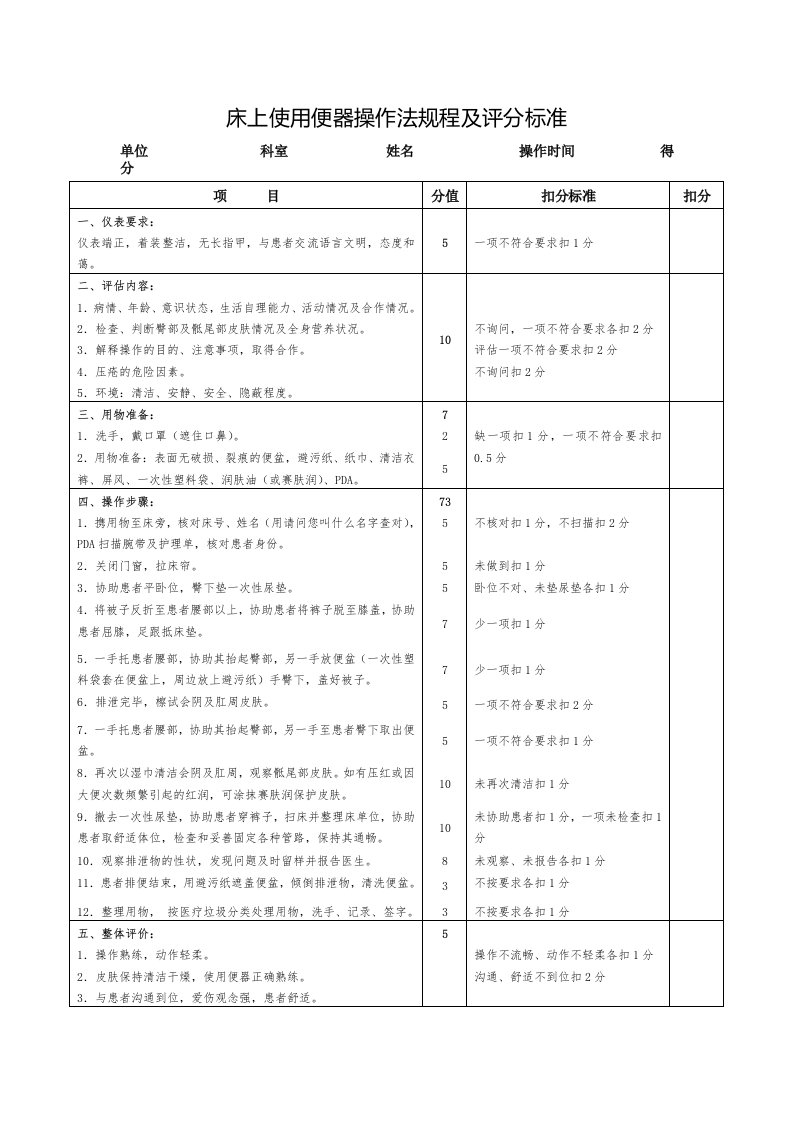 床上使用便器操作法规程及评分标准