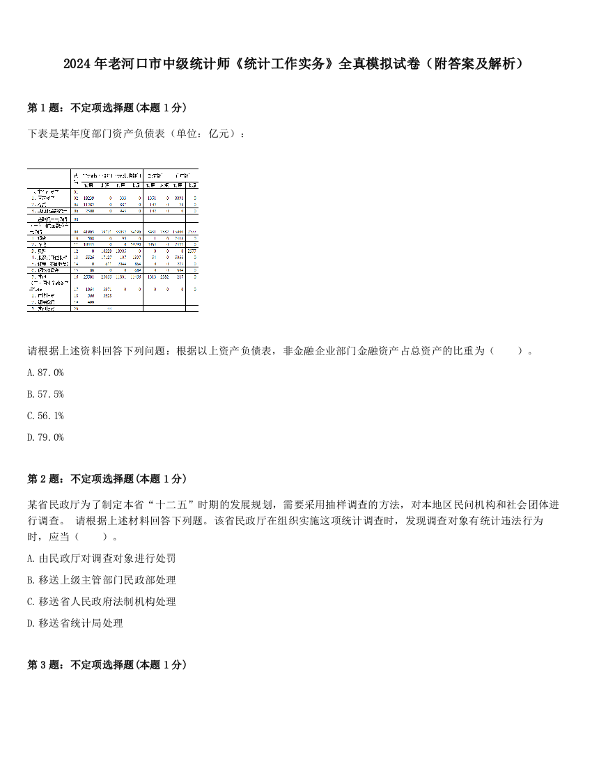 2024年老河口市中级统计师《统计工作实务》全真模拟试卷（附答案及解析）