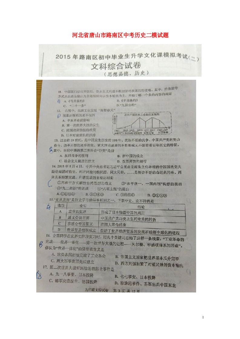 河北省唐山市路南区中考历史二模试题（扫描版，无答案）