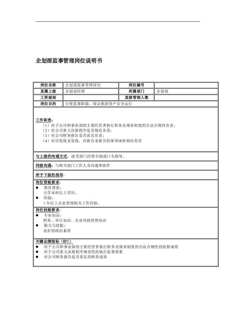 精选企划部监事管理岗位说明书