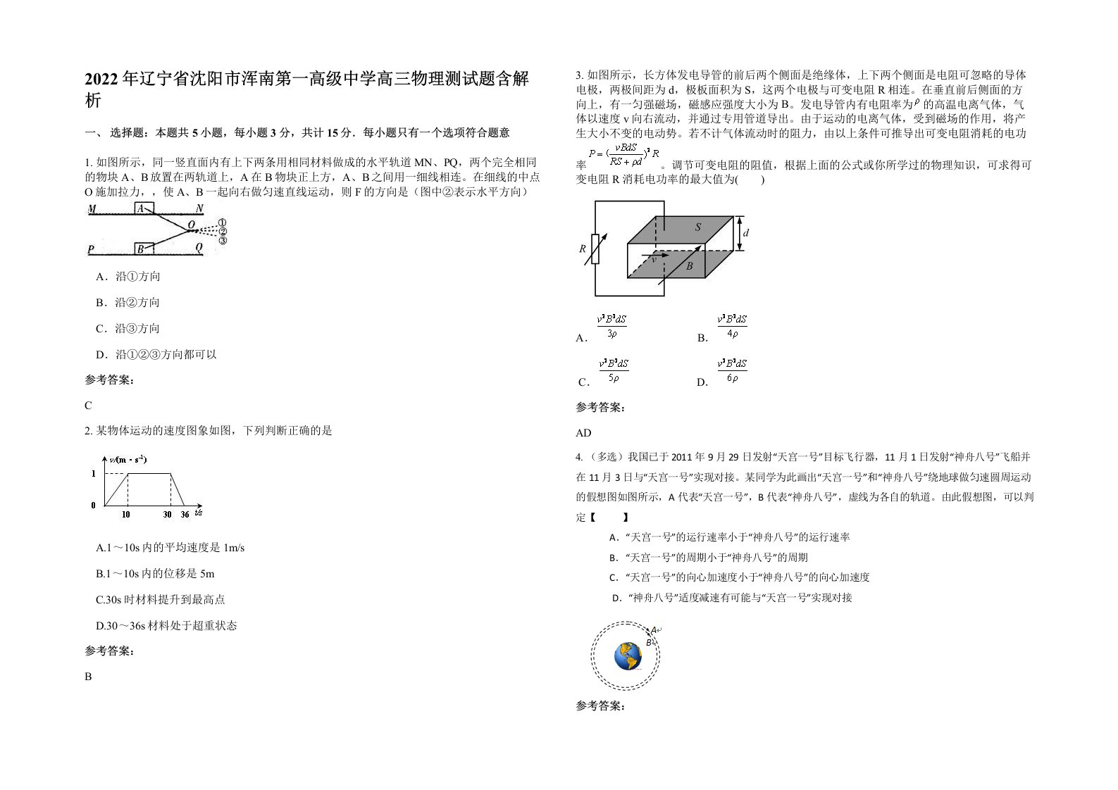 2022年辽宁省沈阳市浑南第一高级中学高三物理测试题含解析