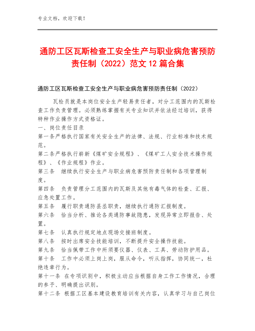 通防工区瓦斯检查工安全生产与职业病危害预防责任制（2022）范文12篇合集