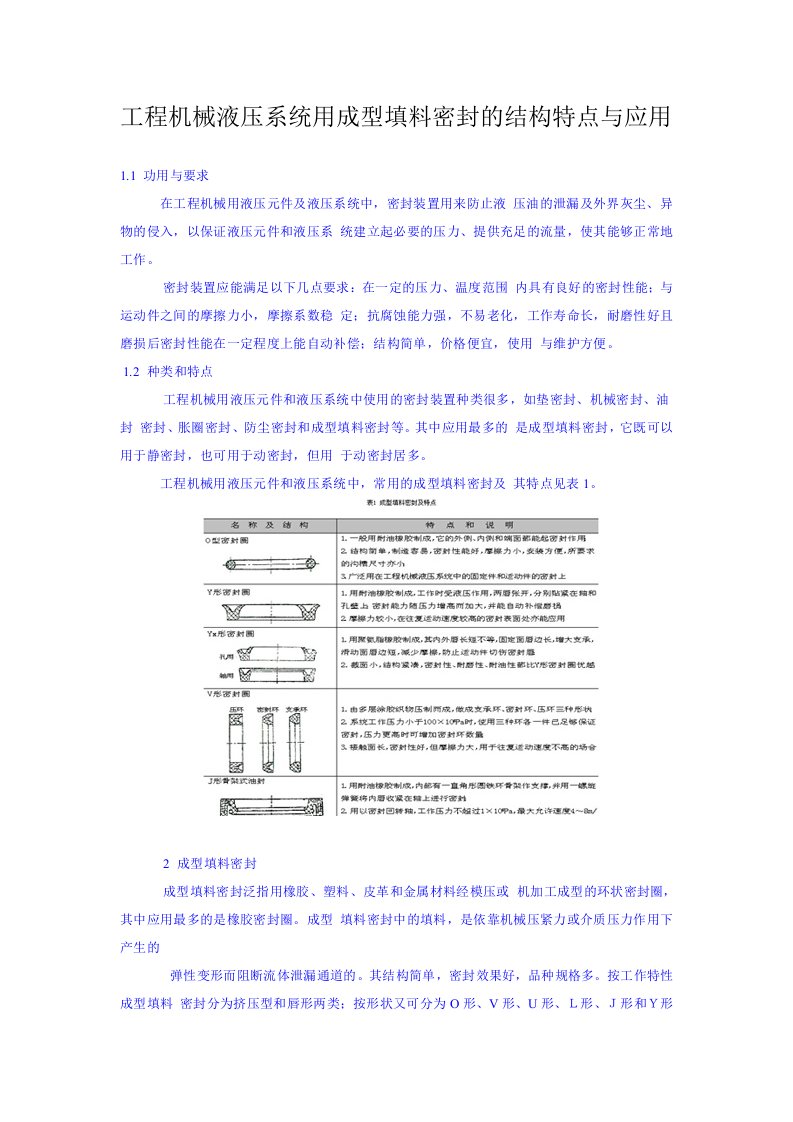 工程机械液压系统用成型填料密封的结构特点与应用