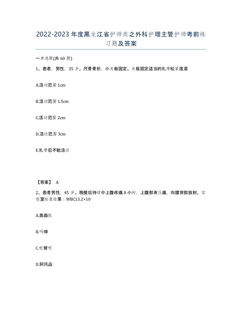 2022-2023年度黑龙江省护师类之外科护理主管护师考前练习题及答案