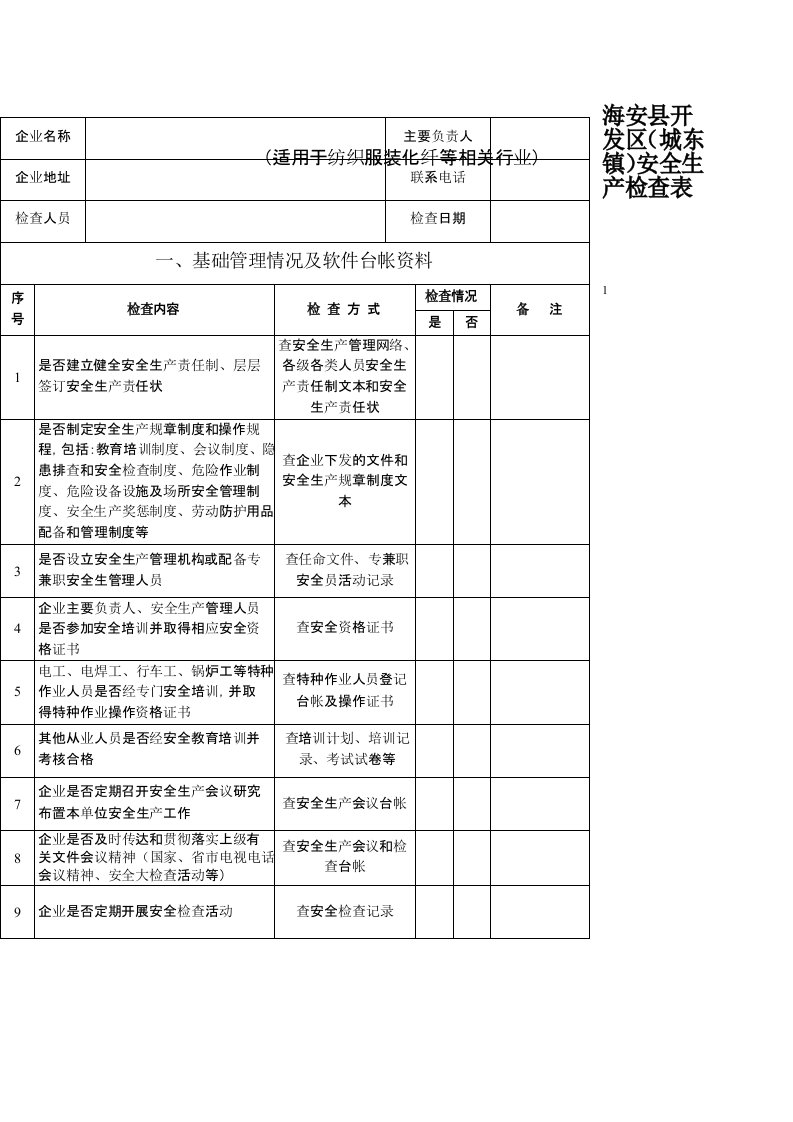 纺织服装化纤等行业安全检查表