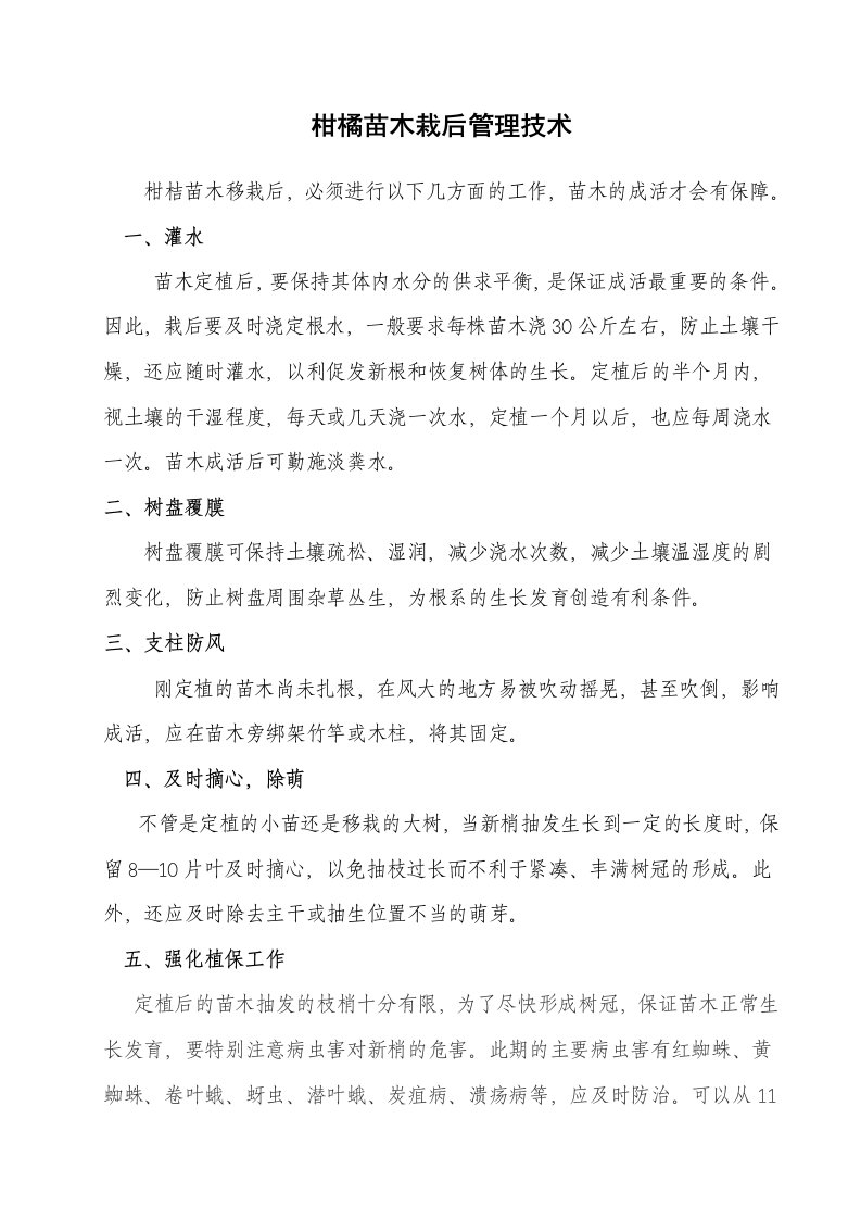 柑橘苗木栽后管理技术