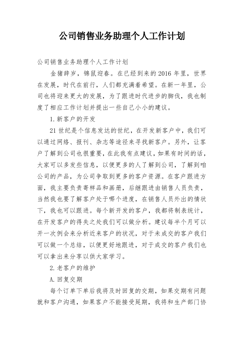 公司销售业务助理个人工作计划