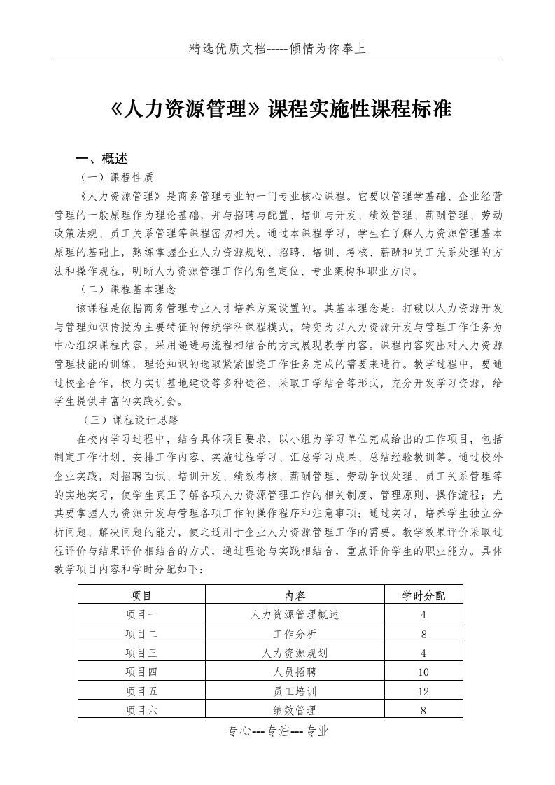 人力资源管理实施性课程标准(共14页)