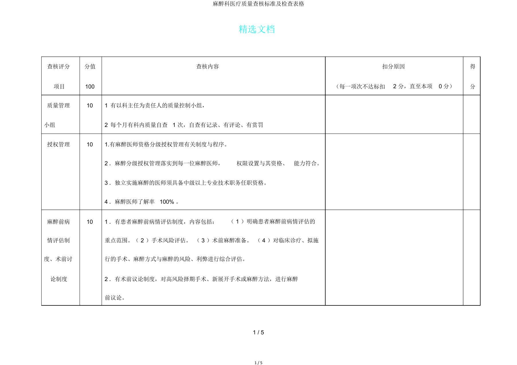 麻醉科医疗质量考核标准及检查表格