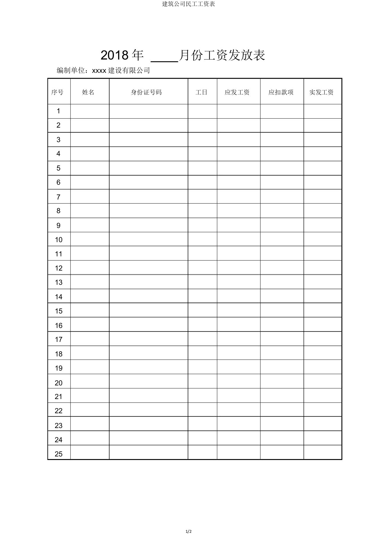 建筑公司民工工资表