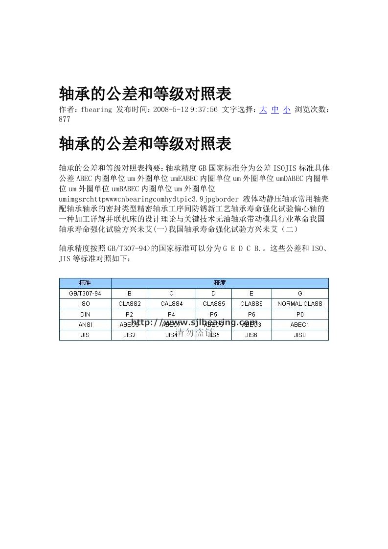 研究报告轴承的公差和等级对照表