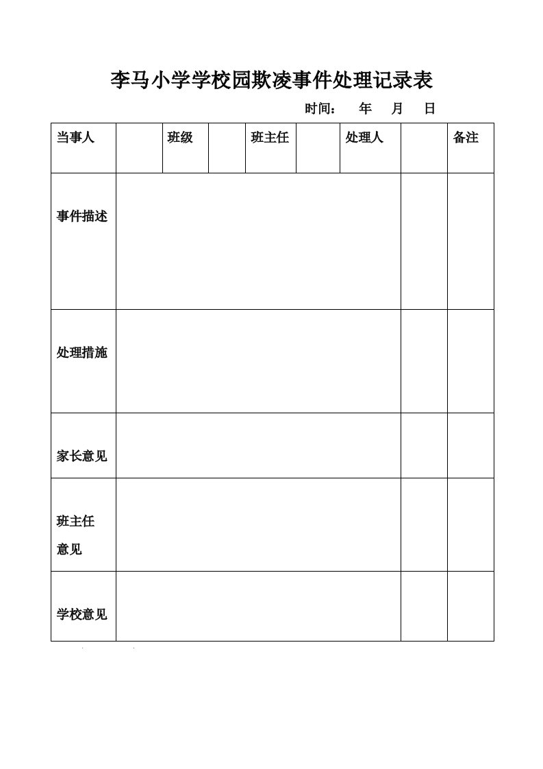 李马小学校园欺凌事件处理记录表