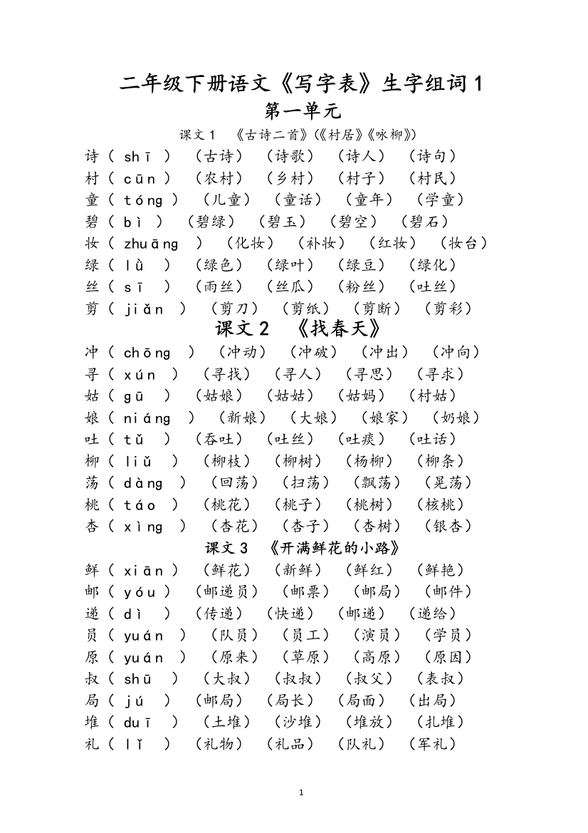 (完整word)部编版二年级下册语文《写字表》生字组词(拼音版)