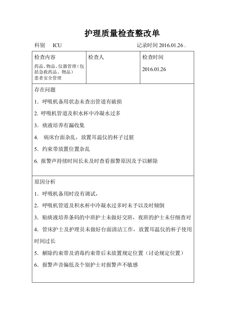 护理质量检查整改单