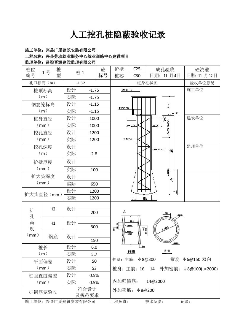 人工挖孔桩隐蔽验收记录