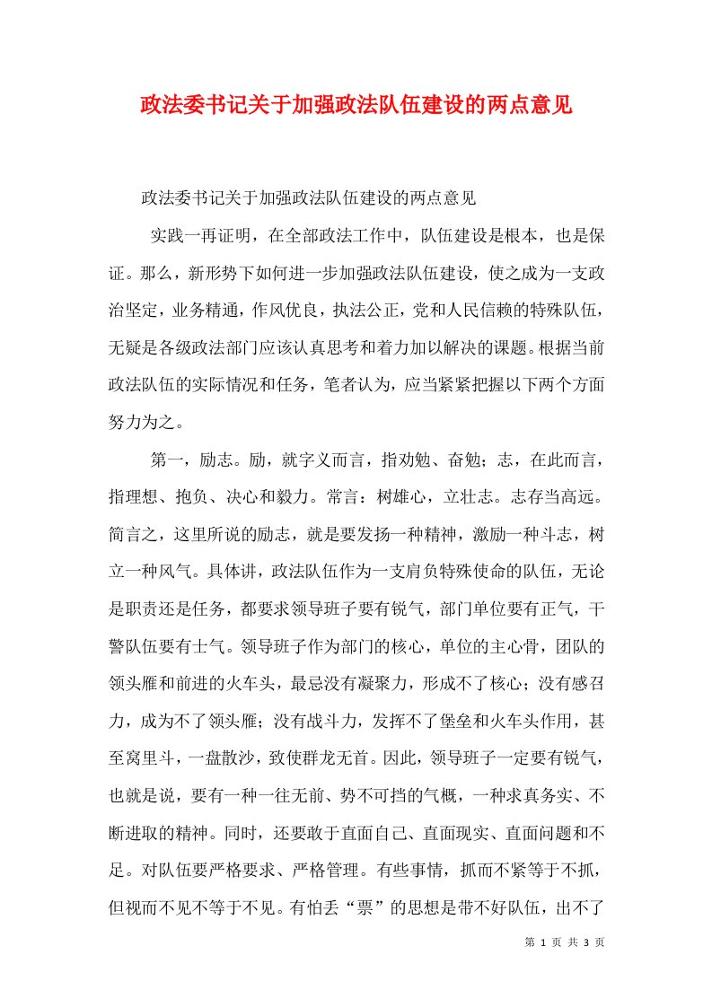 政法委书记关于加强政法队伍建设的两点意见（一）