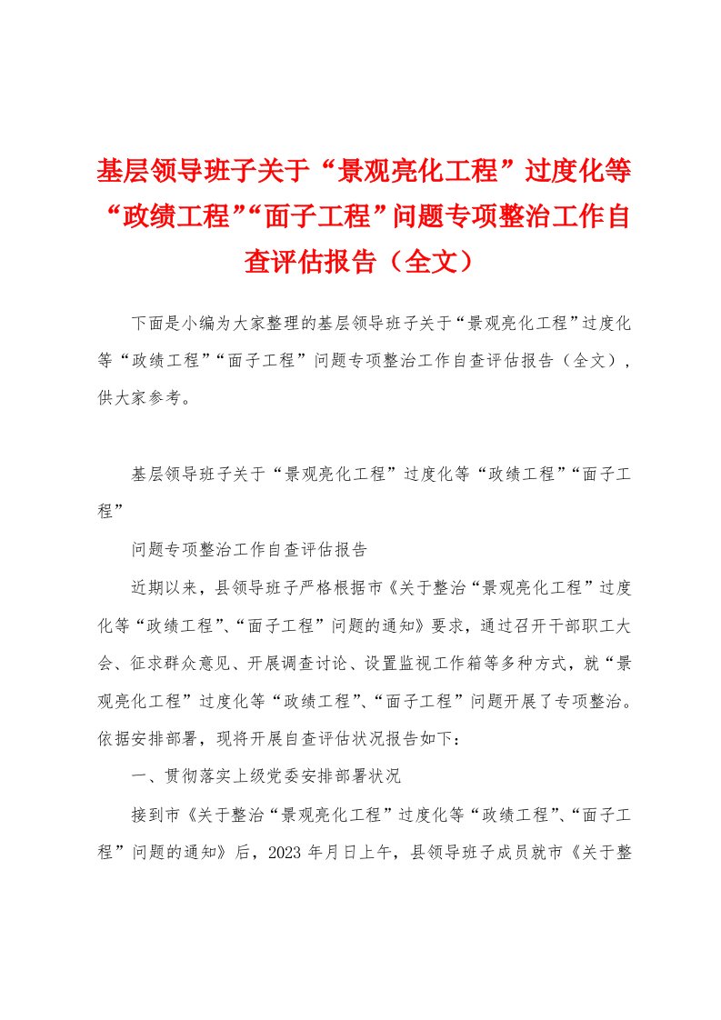 基层领导班子关于“景观亮化工程”过度化等“政绩工程”“面子工程”问题专项整治工作自查评估报告