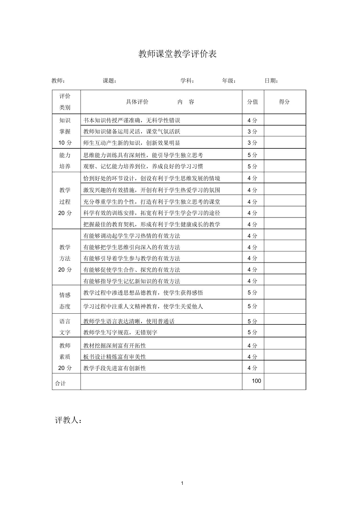 教师课堂教学评价表(量表)