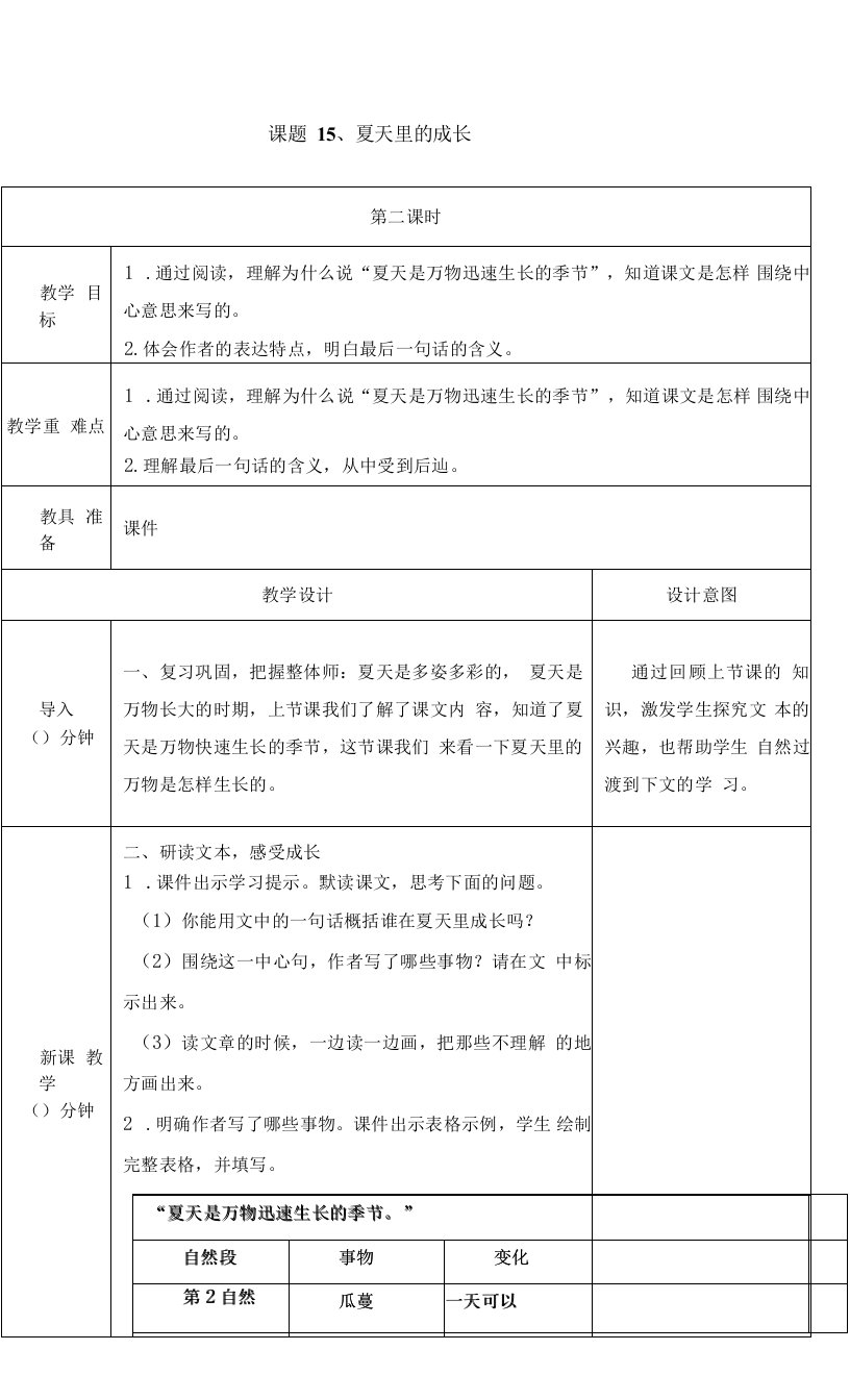 小学语文人教六年级上册（统编）第五单元-15夏天里的成长教案