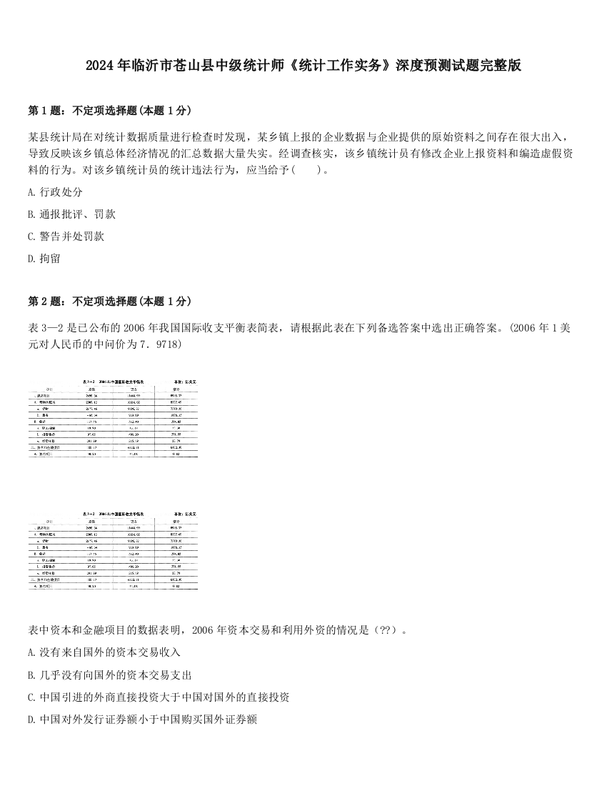 2024年临沂市苍山县中级统计师《统计工作实务》深度预测试题完整版