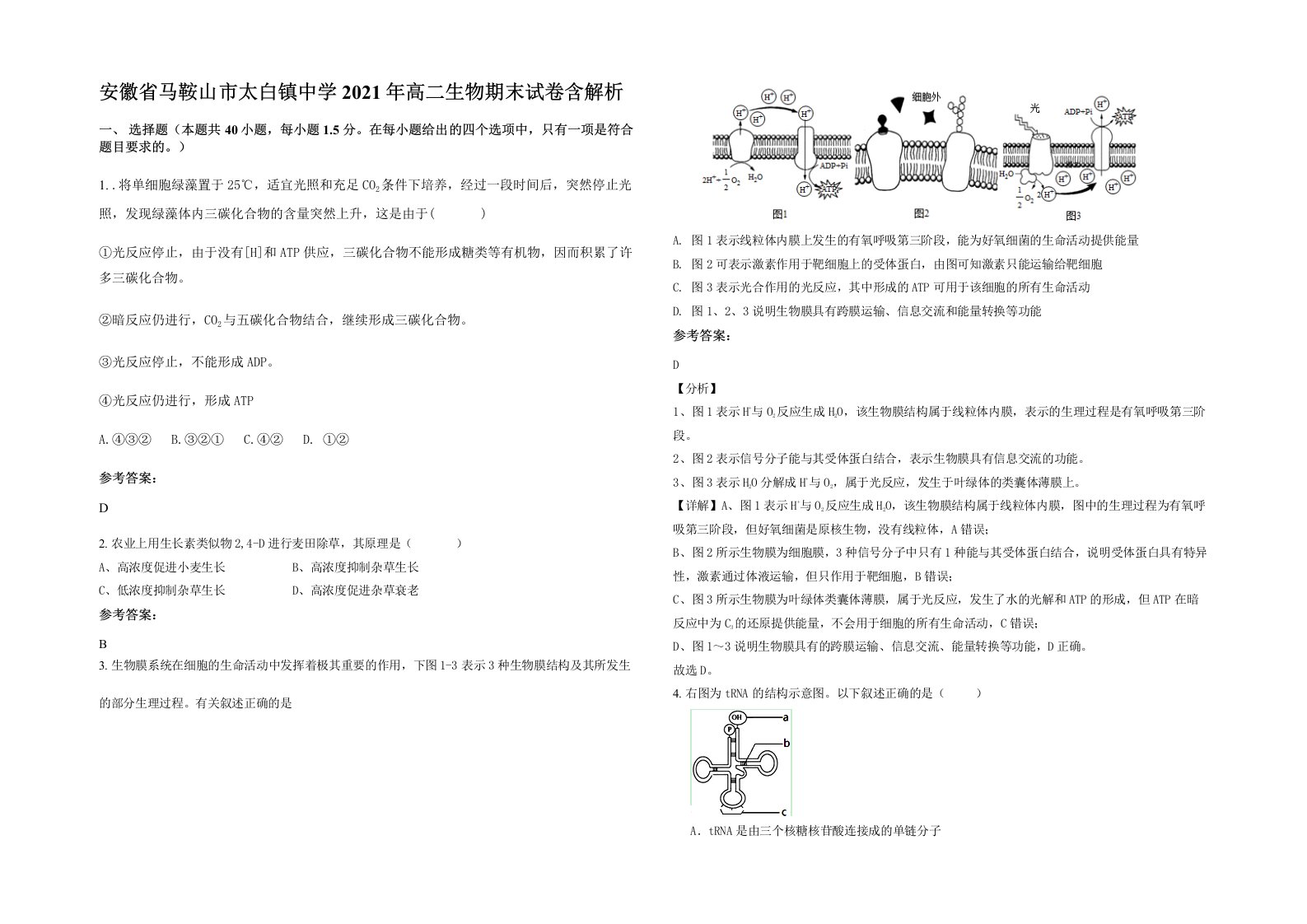 安徽省马鞍山市太白镇中学2021年高二生物期末试卷含解析