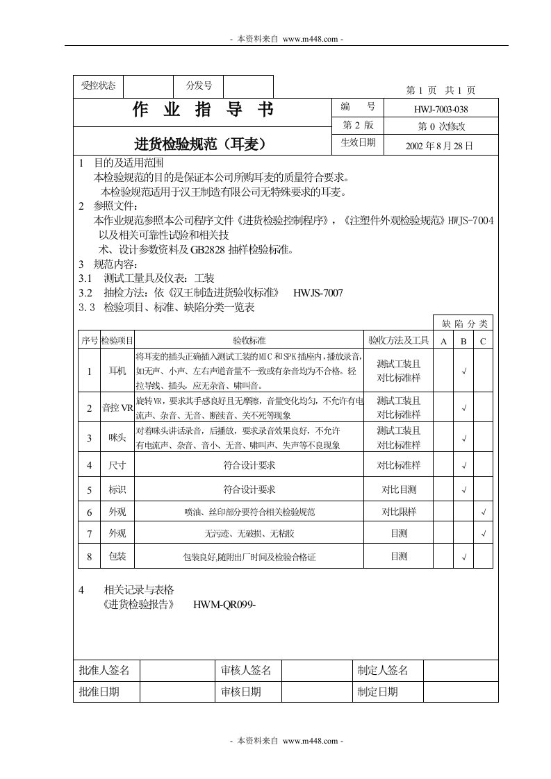 进货检验规范作业指导书(耳麦）-作业指导