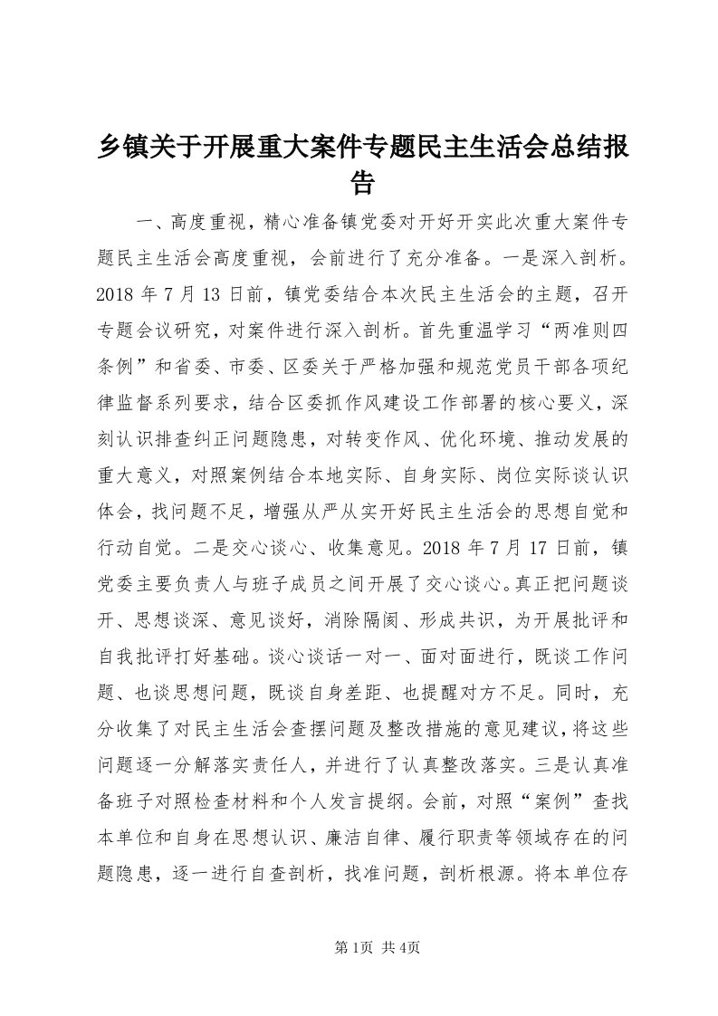 6乡镇关于开展重大案件专题民主生活会总结报告