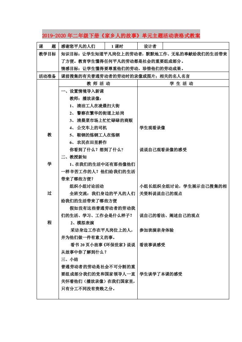 2019-2020年二年级下册《家乡人的故事》单元主题活动表格式教案