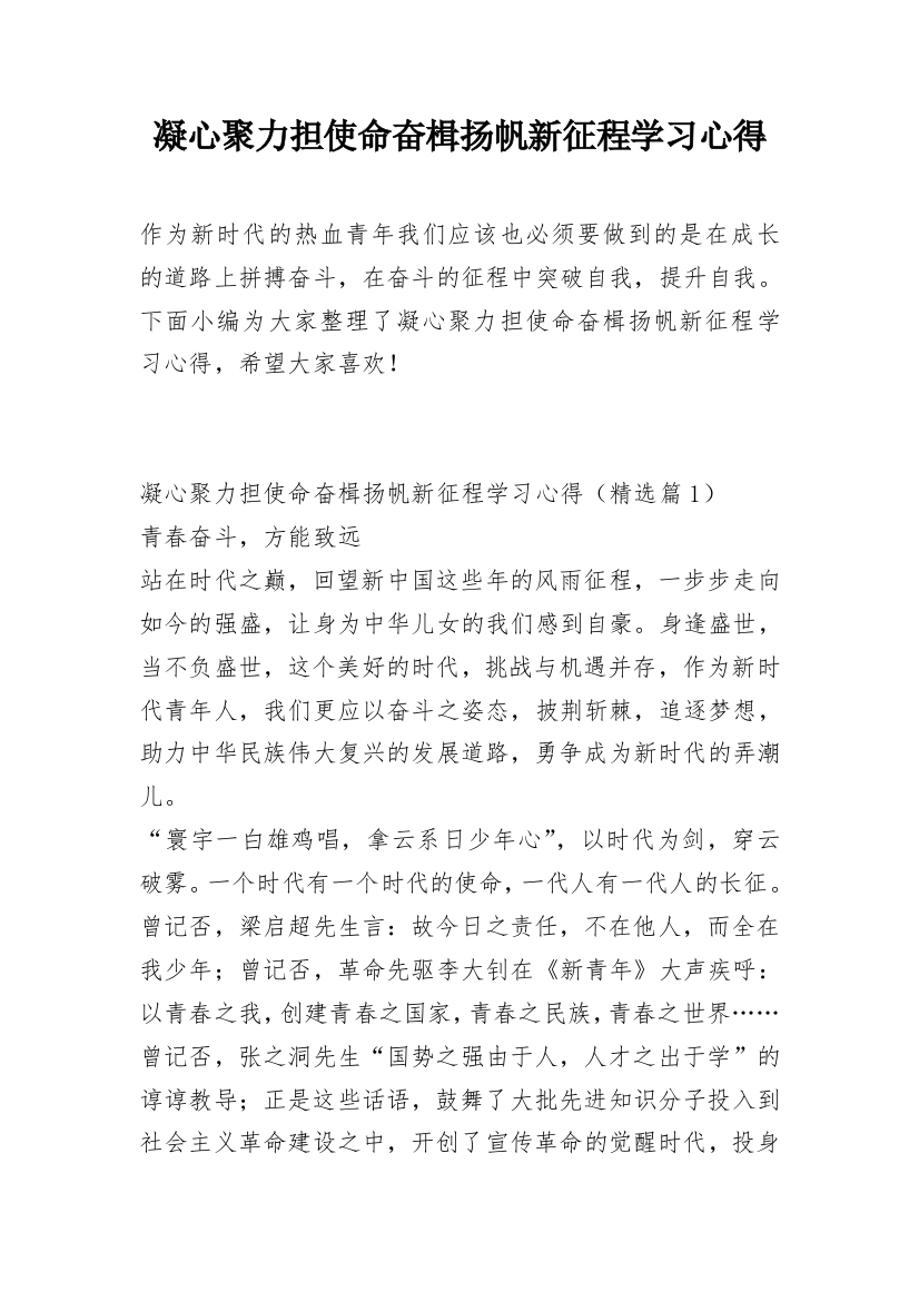 凝心聚力担使命奋楫扬帆新征程学习心得