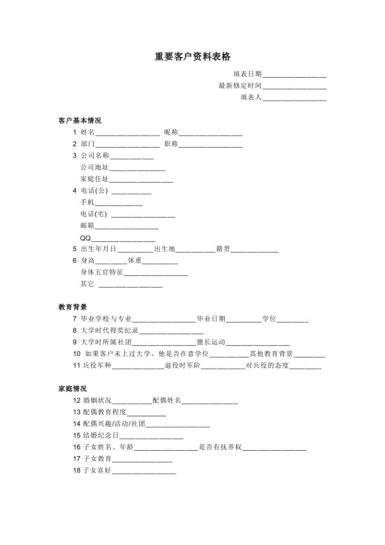 VIP重要客户资料信息表格