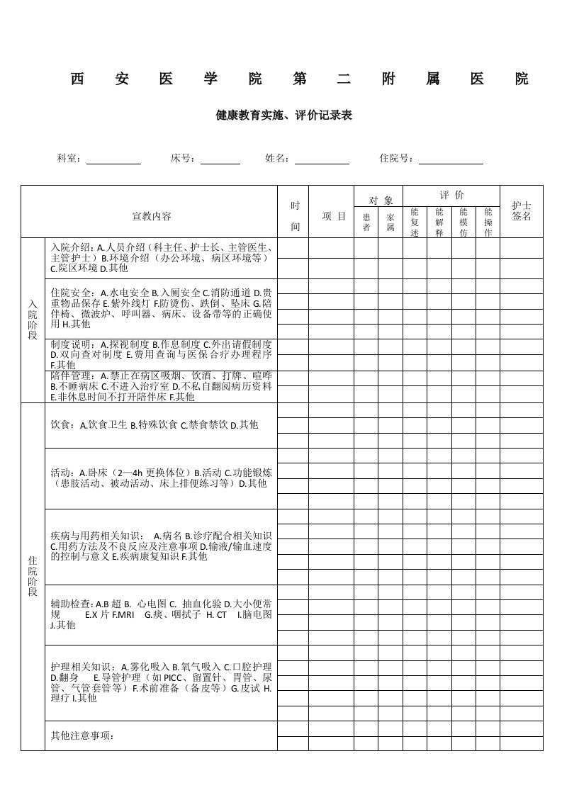 健康教育实施、评价记录表