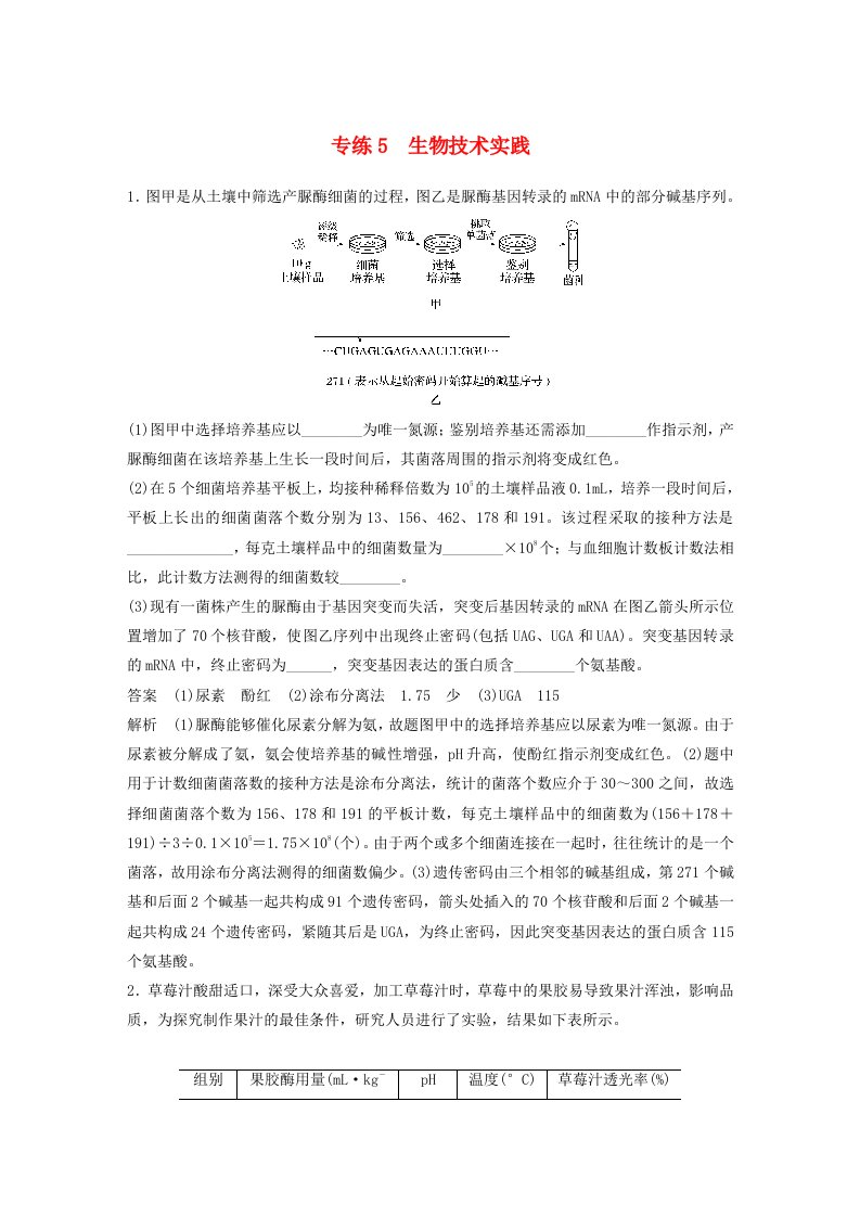 浙江专用2020年高考生物考前增分专项练辑专项2简答题规范练专练5生物技术实践含解析