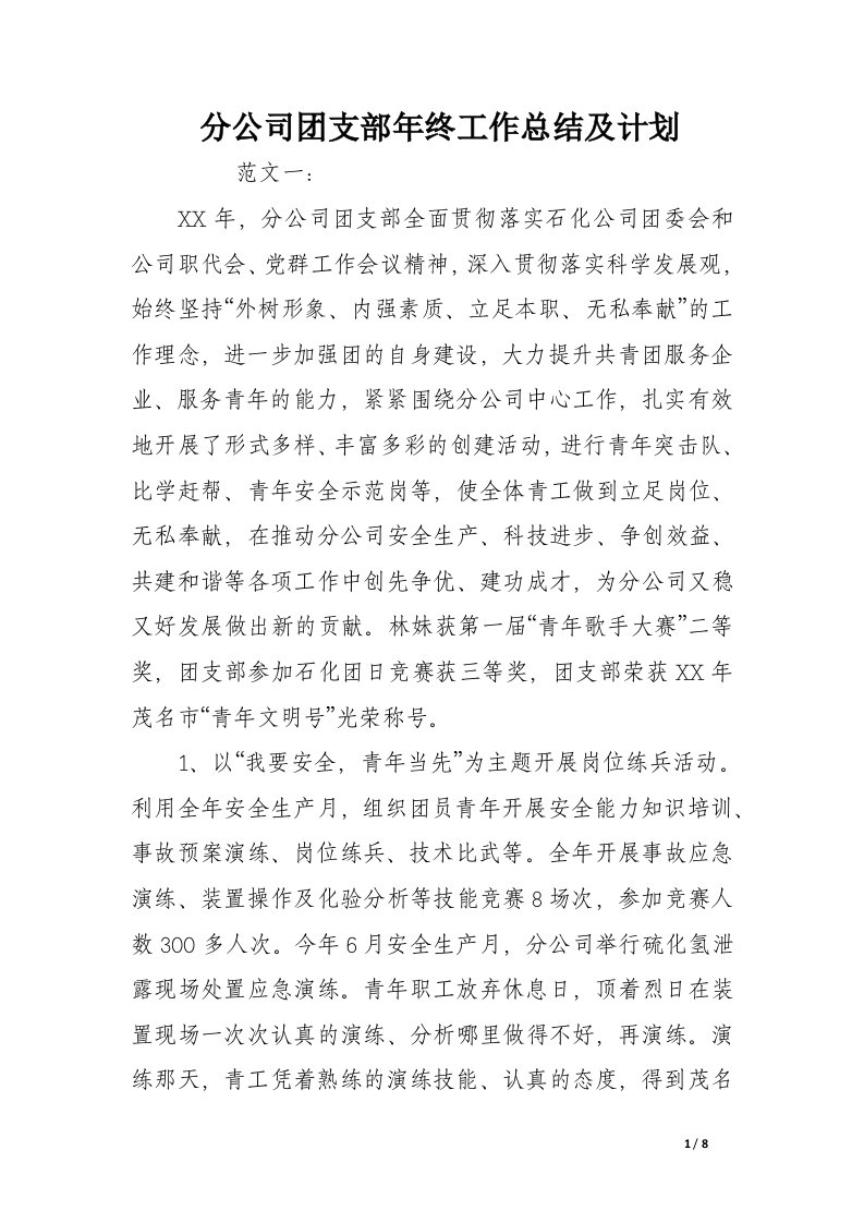 分公司团支部年终工作总结及计划