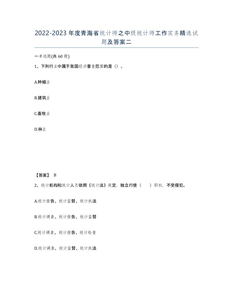 2022-2023年度青海省统计师之中级统计师工作实务试题及答案二