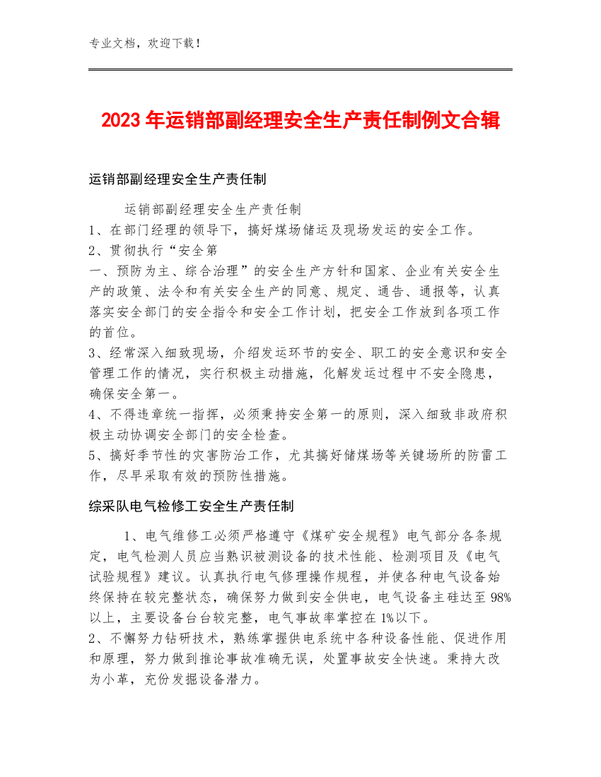 2023年运销部副经理安全生产责任制例文合辑