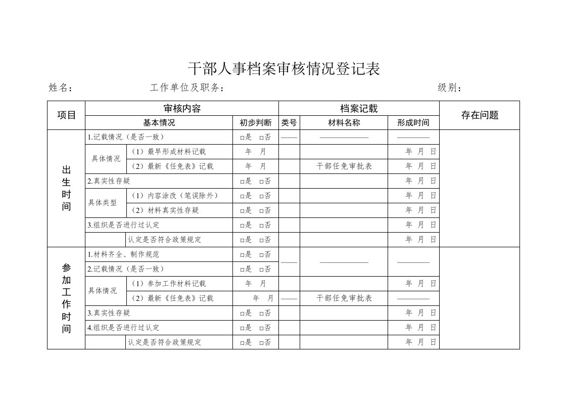 干部人事档案审核情况登记表