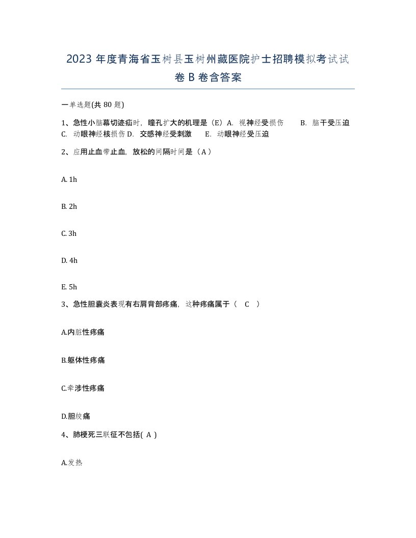 2023年度青海省玉树县玉树州藏医院护士招聘模拟考试试卷B卷含答案