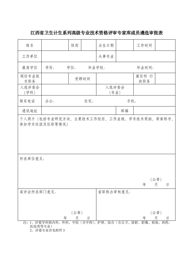 江西卫生计生系列高级专业技术资格评审专家库成员遴选审批表